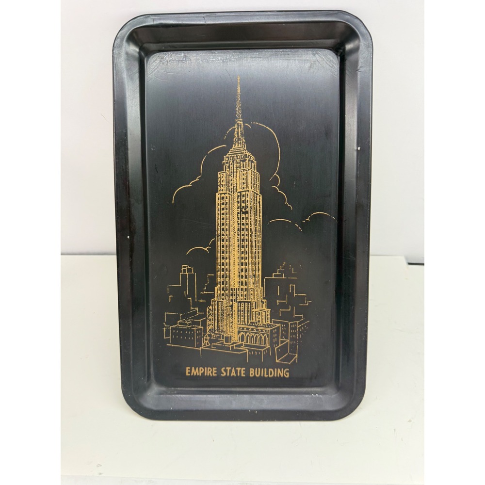 Vintage Empire State Building Souvenir Metal Tray Black Gold NYC Skyline 11.5in